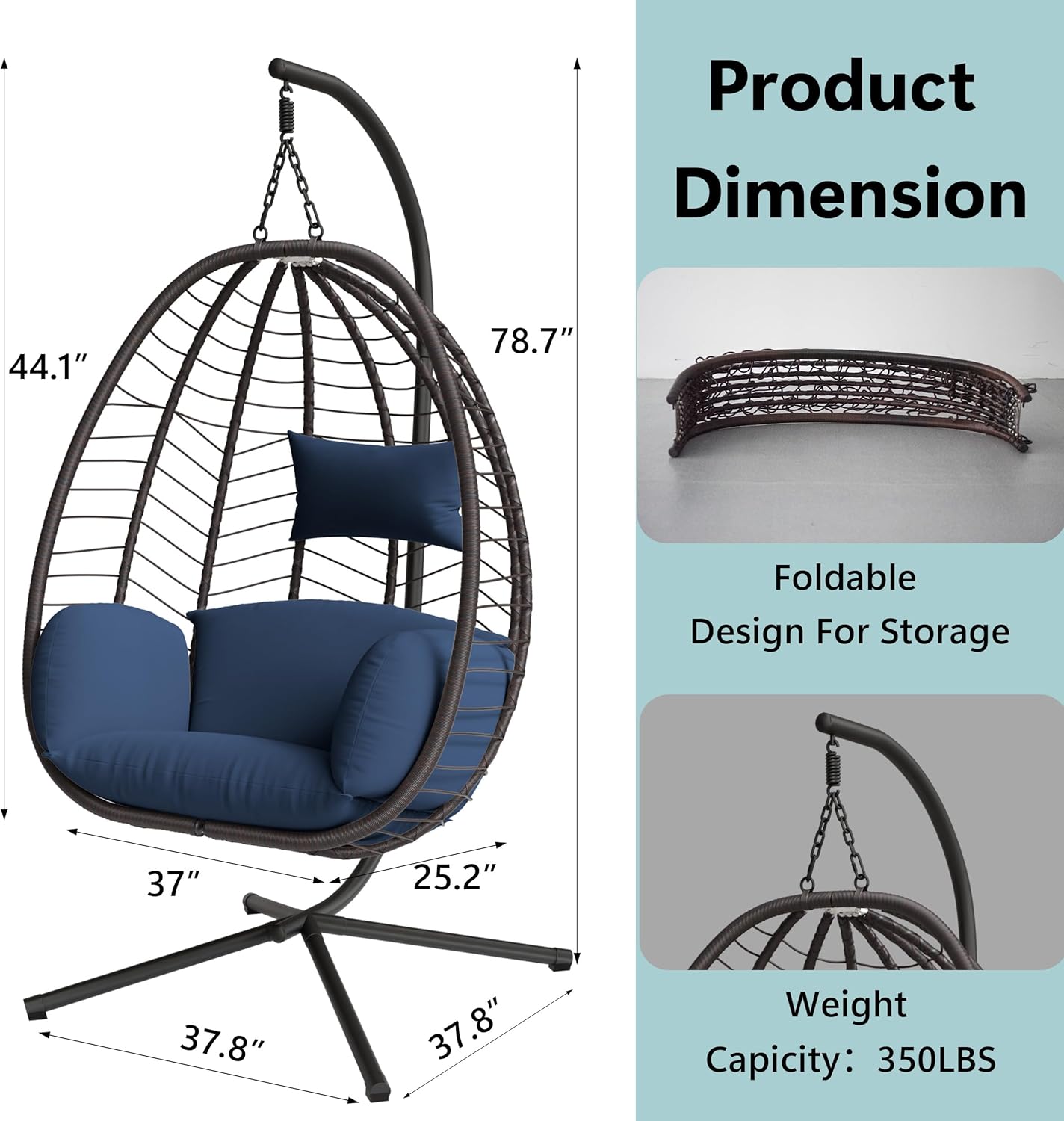 ALAULM Hanging Swing Egg Chair with Bracket Swing Cushion, Navy