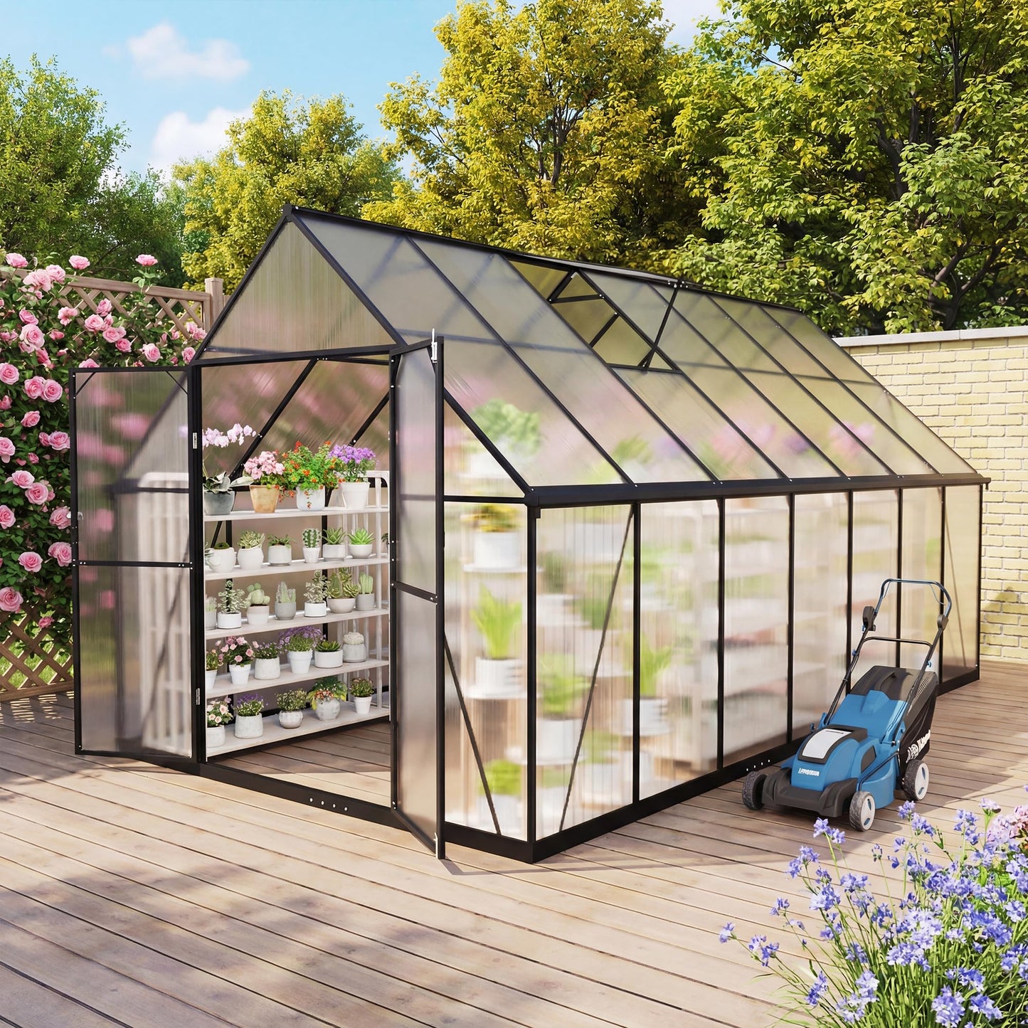 Gotland 8x6FT Greenhouses for Outdoors, Outdoor Greenhouse with Adjustable Roof Vent Aluminum Frame Dual-Side Rain Gutters Ground Nails Secure Lock Polycarbonate Panels for Garden, Patio