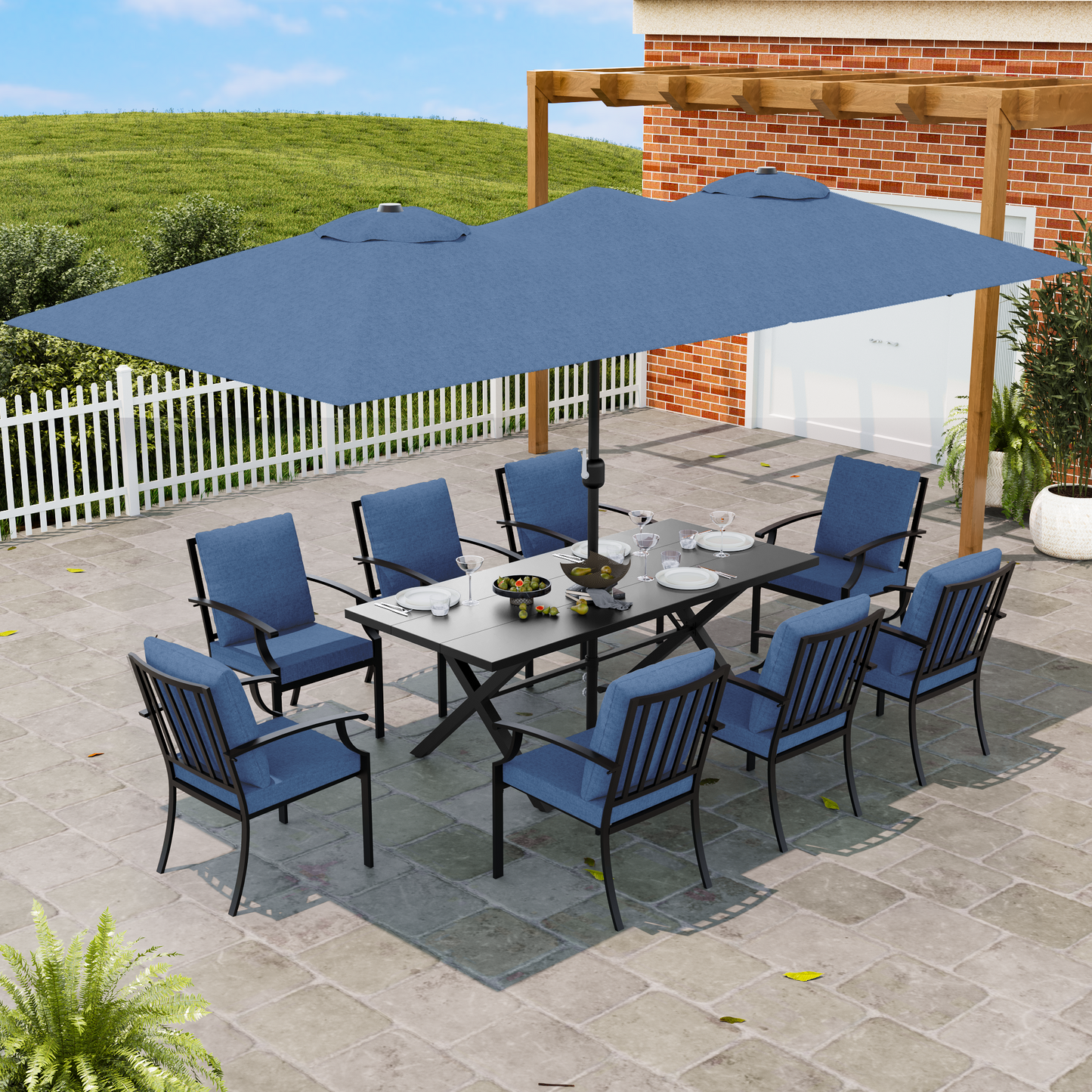 ALAULM Patio Dining Set w/14FT Umbrella, Metal Outdoor Furniture Set w/Rectangular table or Patio, Backyard, Garden, Poolside