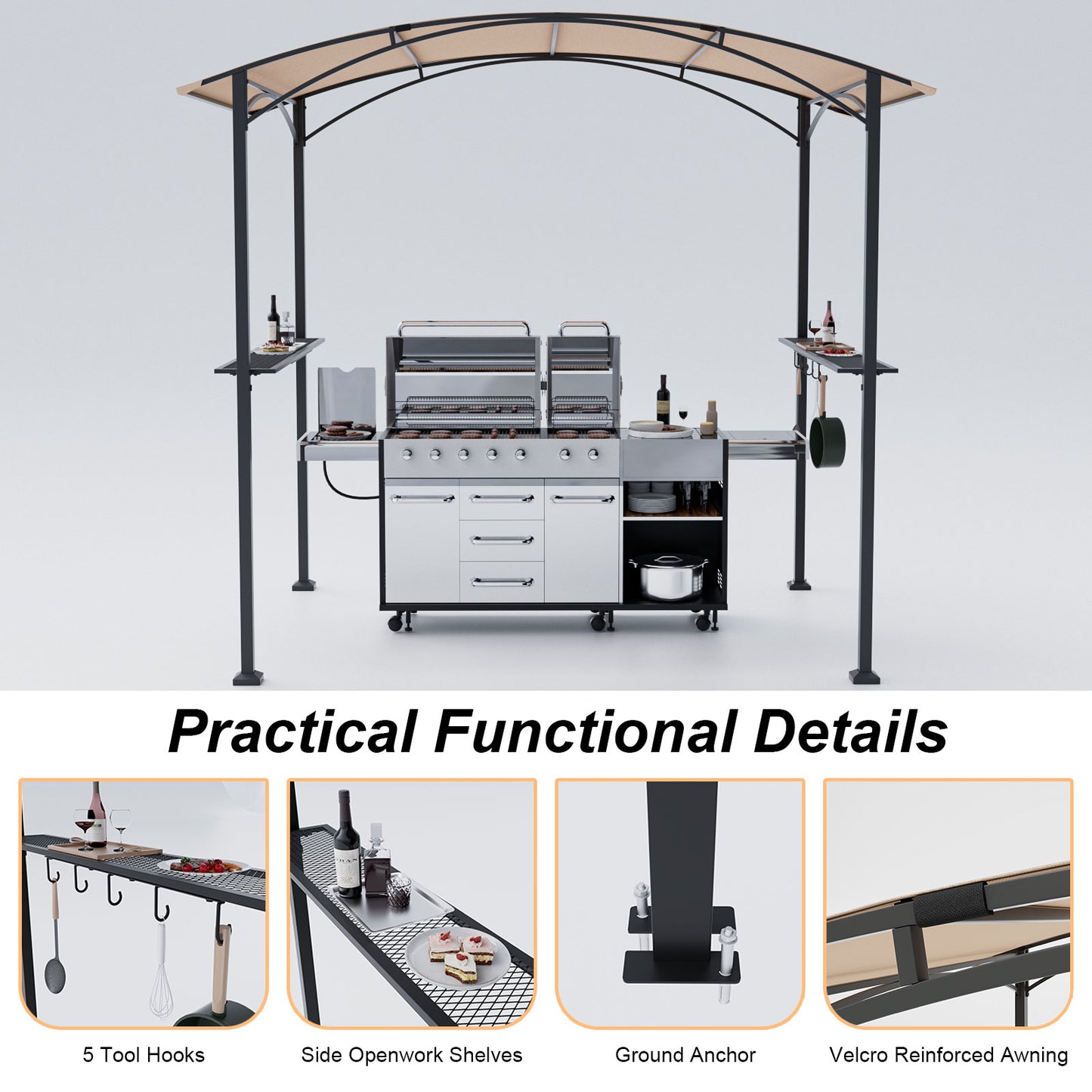 ALAULM 8'x 5' Outdoor Grill Gazebo, Outdoor Soft Top BBQ Canopy with 2 Metal Side Shelves & 5 Tool Hooks for Barbecue Picnic Garden, Backyard, Poolside (Sand)