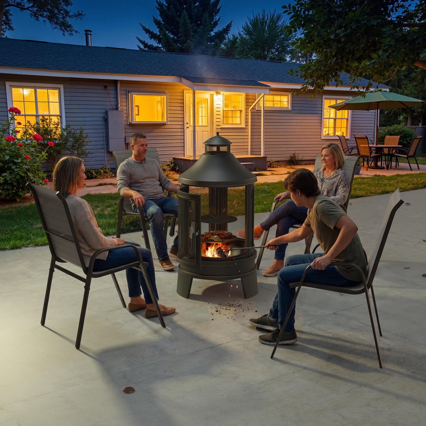 ALAULM 5 Pieces All Weather Patio Dining Set, 4 Stackable High Back Textilene Chairs with Metal Frame & Outdoor Chiminea Fire Pit Table, Outdoor Furniture Set for Backyard Garden Deck, Brown