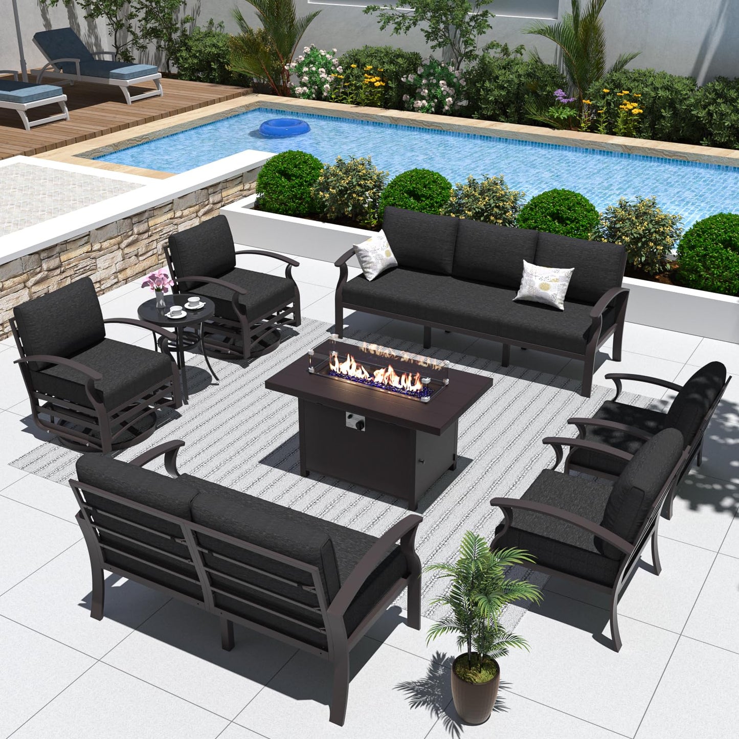 ALAULM 9-Seat Aluminum Patio Furniture Set with CSA-Certified Fire Pit Table & Swivel Chairs