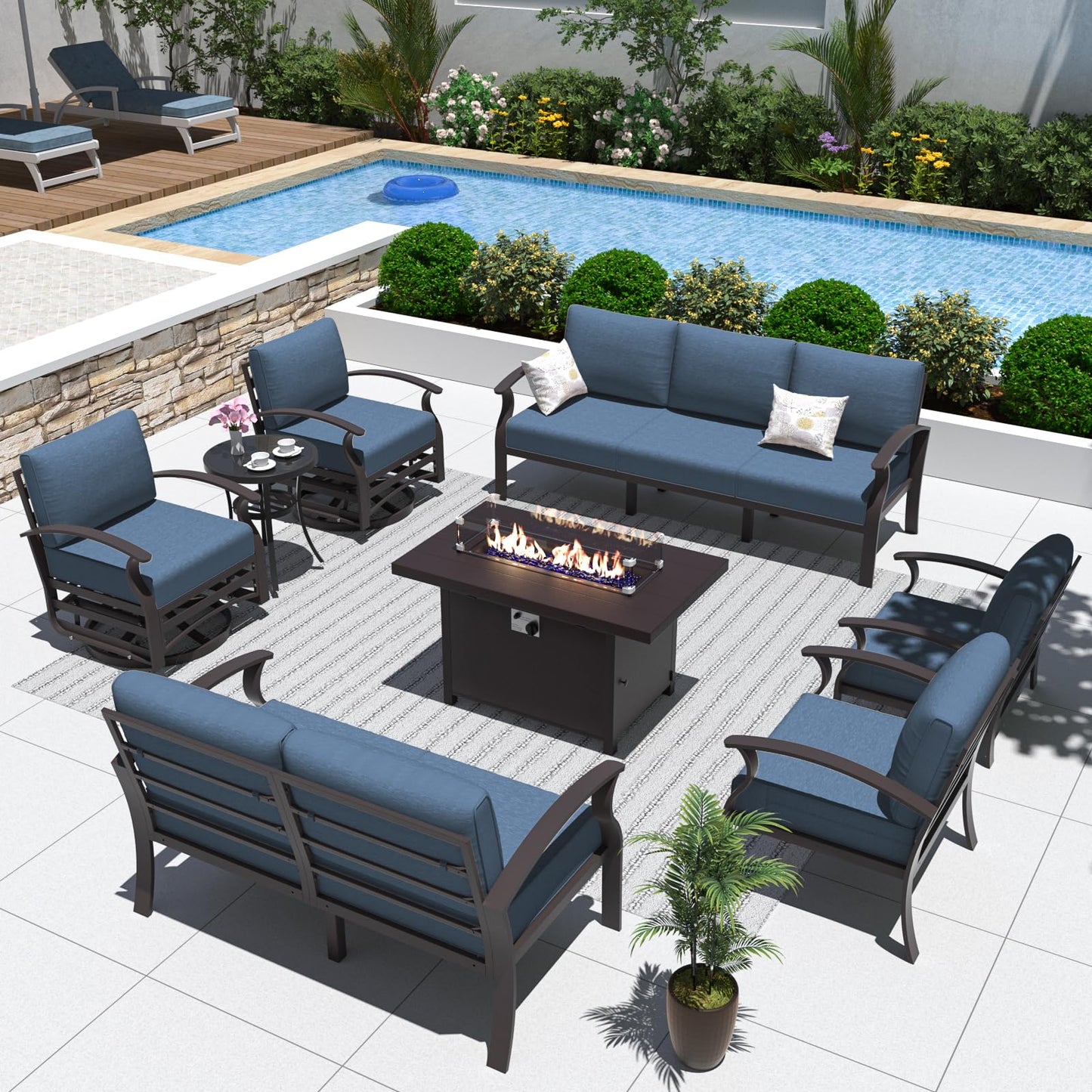 ALAULM 9-Seat Aluminum Patio Furniture Set with CSA-Certified Fire Pit Table & Swivel Chairs
