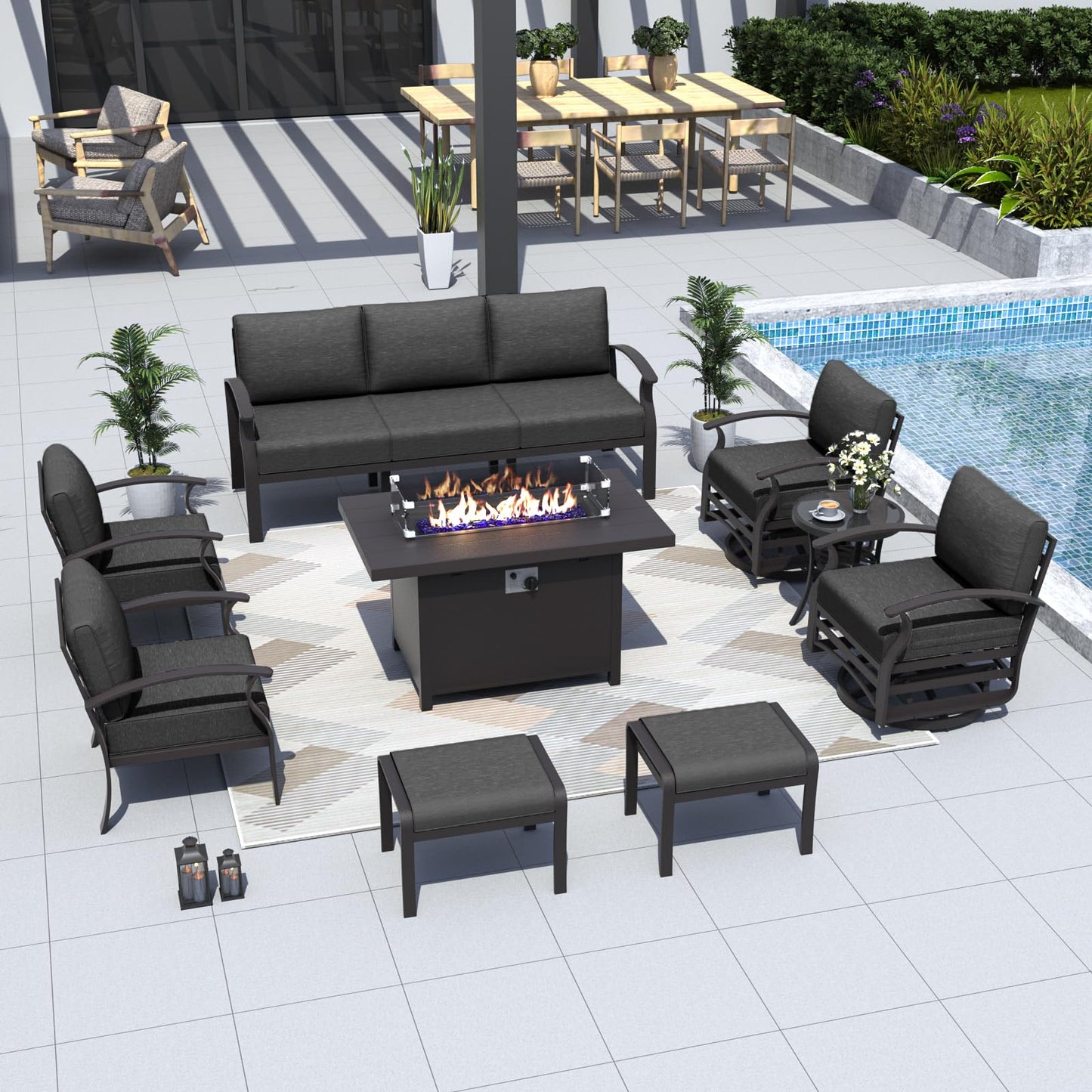ALAULM 9-Seat Aluminum Patio Furniture Set with Fire Pit, Swivel Chairs & Ottomans