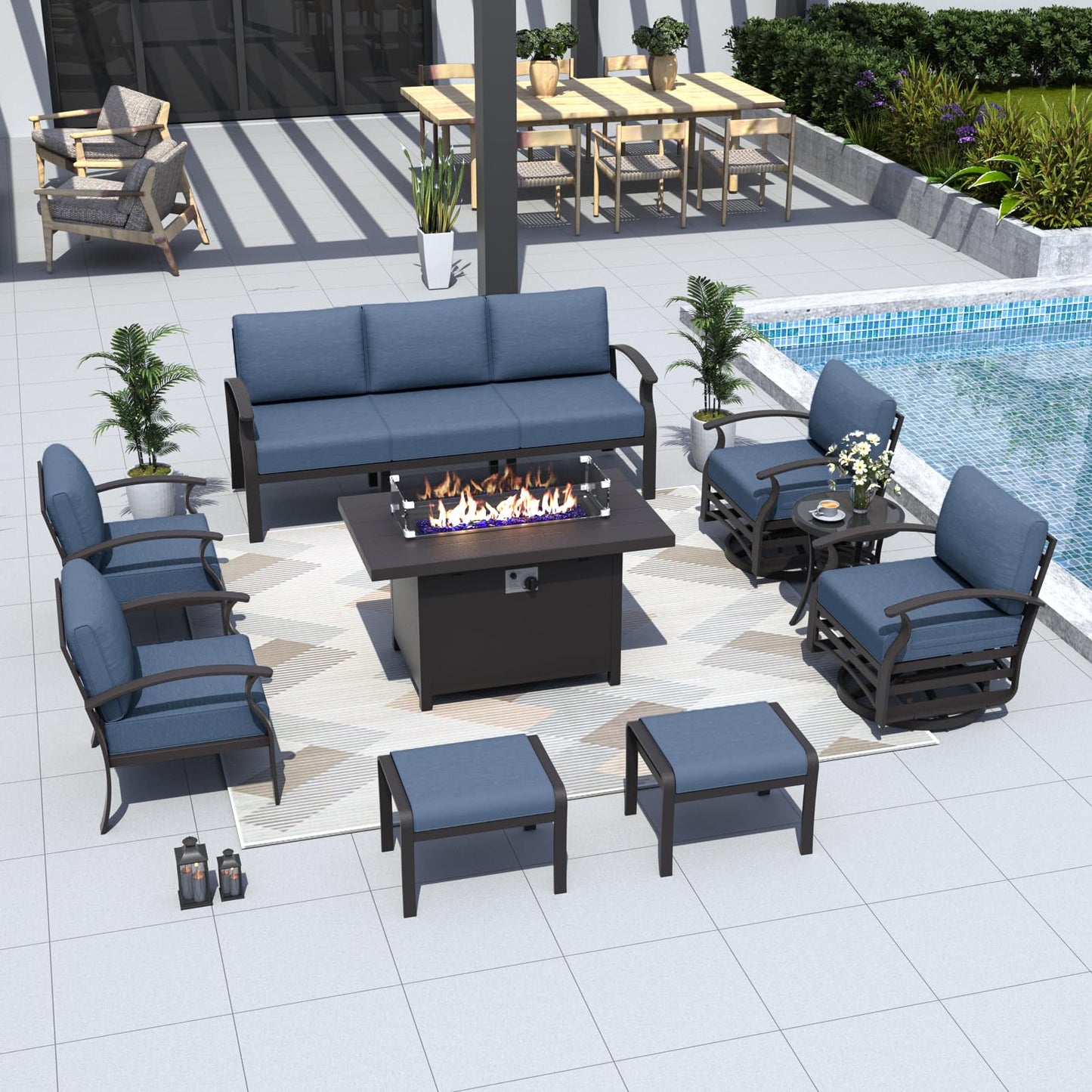 ALAULM 9-Seat Aluminum Patio Furniture Set with Fire Pit, Swivel Chairs & Ottomans
