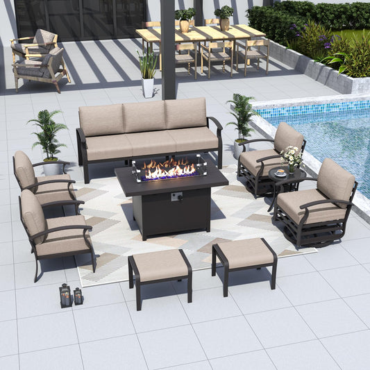 ALAULM 9-Seat Aluminum Patio Furniture Set with Fire Pit, Swivel Chairs & Ottomans