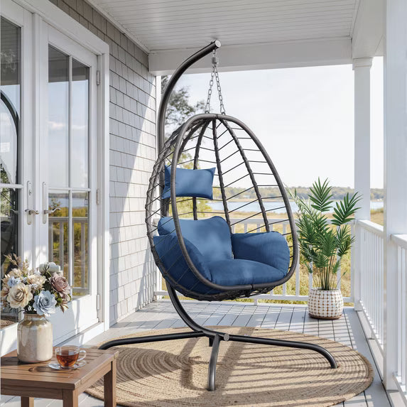 ASJMR Outdoor Hanging Egg Chair with Stand, Foldable Wicker Patio Swing Chair with Removable Cushion and Headrest,Grey