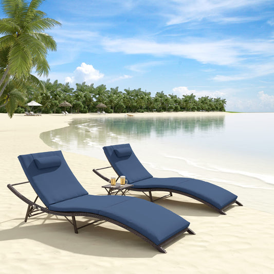 ALAULM 3 Pieces Outdoor Chaise Lounge Set w/Folding Table,Patio Recliner for Beach, Poolside
