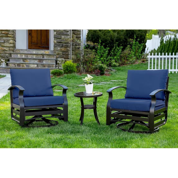 Kullavik 3 Piece Patio Outdoor Aluminum Metal Swivel Rocking Chair with Coffee Table and 5.1 Inch Cushion Outdoor Metal Swivel Rocking Chair Furniture Conversation Set for Porch Garden - Khaki