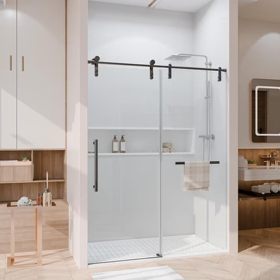 Kullavik Shower Door 56-60" W x 76" H Frameless Shower Door,Sliding Shower Door with 5/16"(8mm) Clear Tempered Glass,Glass Shower Door w/Seal Strip Parts and Handle,Stainless Steel Hardware,Black