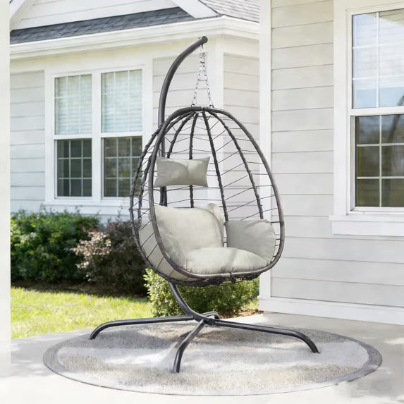 Kullavik Hanging Swing Egg Chair with Bracket Swing Hammock Chair Indoor/Outdoor Hanging Swing Chair with Cushioned Headrest Load Capacity 350LBS for Patio Bedroom Porch Garden - Cream