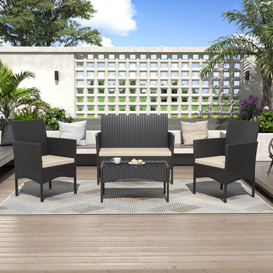 4 Pieces Patio Conversation Set Outdoor Rattan Patio Furniture Set