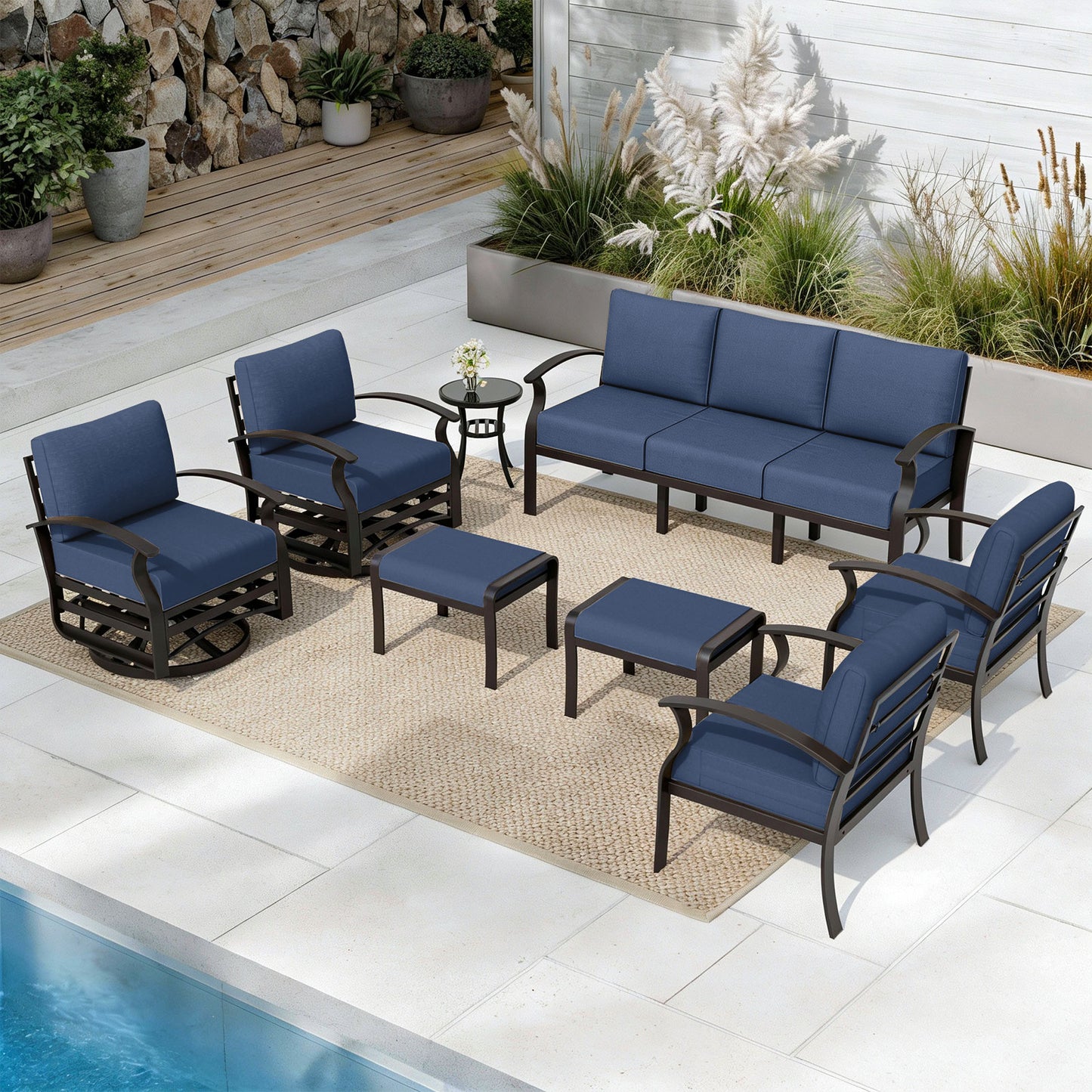 ALAULM 9-Seat Aluminum Patio Furniture Set, Outdoor Patio Conversation Set with Propane Fire Pit Table and 5.1" Cushions for Patio Backyard Poolside