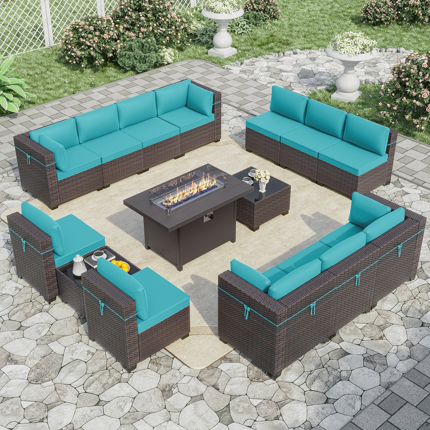 ALAULM 15-Piece Aluminum Weatherproof Outdoor Conversation Sets with Fire Pit Table, Blue/Brown
