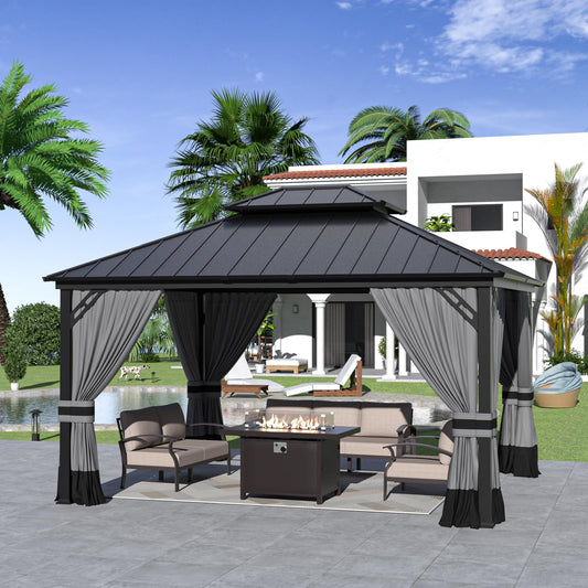 Gotland 12' x 14' Hardtop Gazebo, Outdoor Galvanized Steel Double-Roof Gazebo with Curtains and Netting for Patios, Gardens, and Lawns