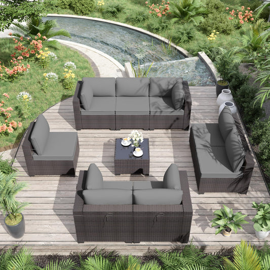 ALAULM 9-Piece Outdoor Patio Furniture Set – All-Weather Wicker Sectional Sofa with Cushions & Coffee Table