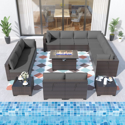 ALAULM 15-Piece Outdoor Patio Sectional Sofa Set with CSA-Certified Propane Fire Pit – Brown PE Rattan, 12 Cushions, and Coffee Tables