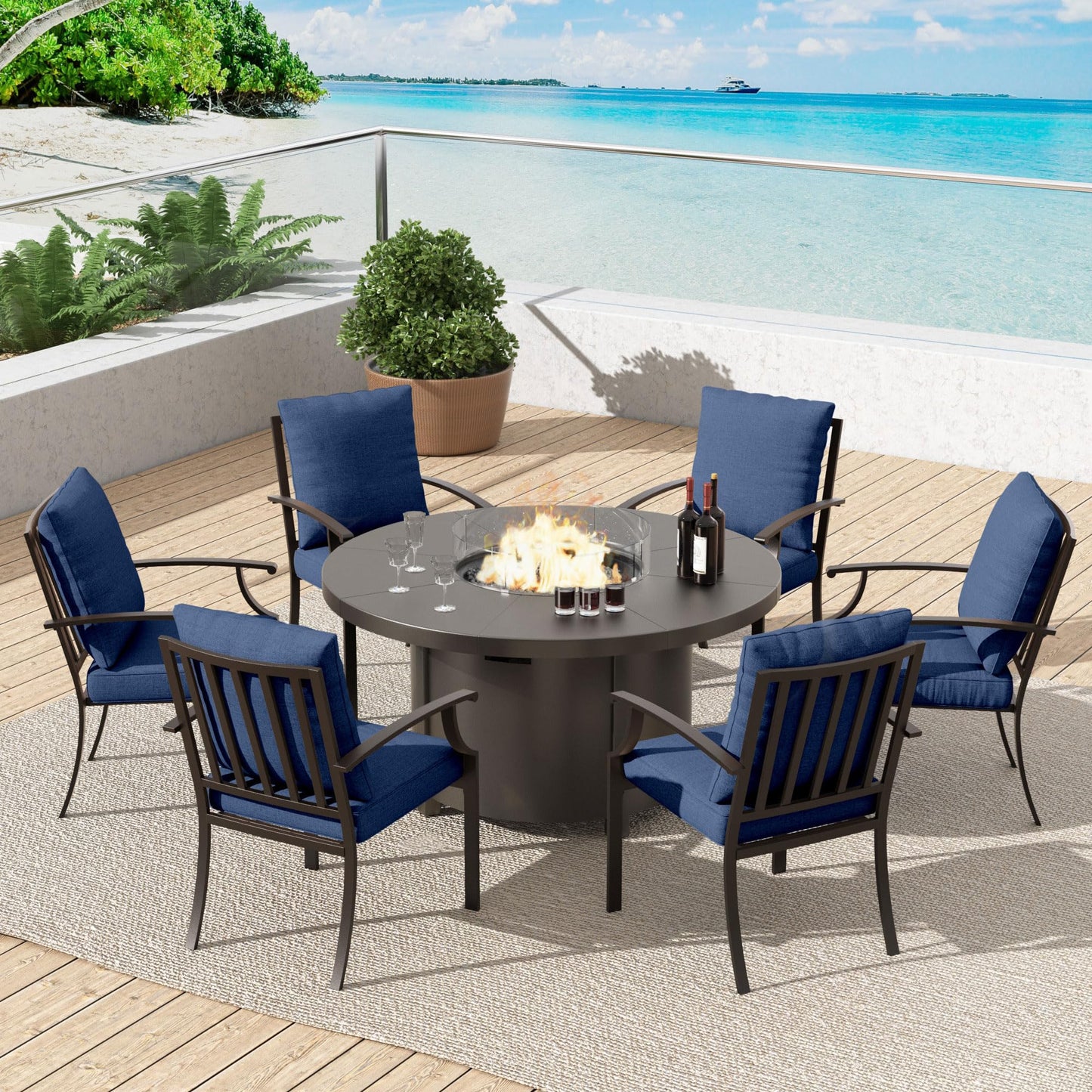 ALAULM 7PCS Metal Outdoor Patio Furniture Set with 48"/55000 BTU Round Propane Fire Pit Table,Patio Conversation Sets 6 Fixed Chairs No-Slip Cushions