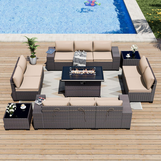 ALAULM 13-Piece Patio Furniture Set – Outdoor Sectional Sofas with Propane Fire Pit Table