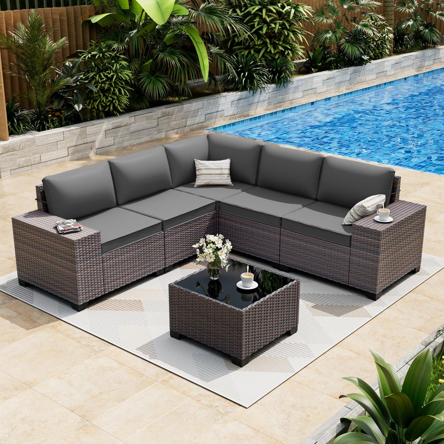 ALAULM 6-Piece Outdoor Patio Conversation Set, Sectional PE Rattan Wicker Furniture