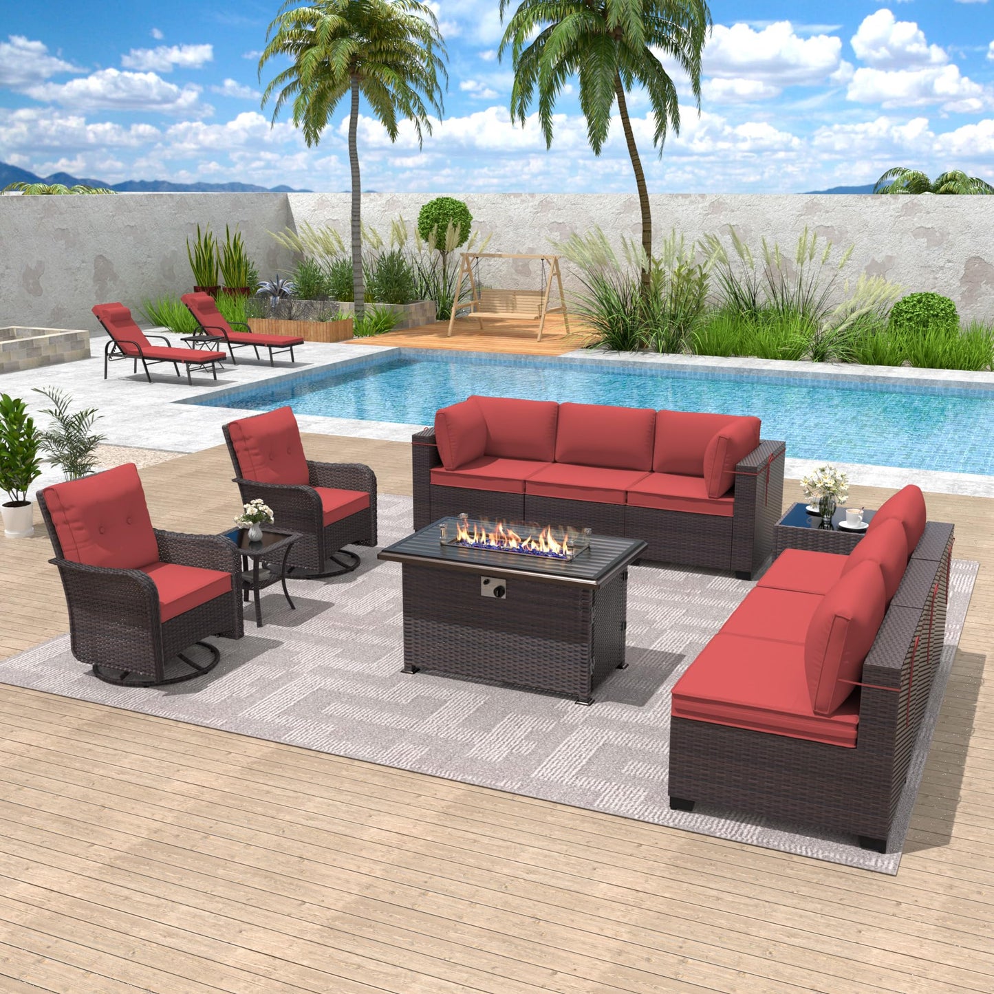 ALAULM 11-Piece Outdoor Patio Furniture Set – Sectional Sofas with Swivel Chairs & Gas Fire Pit