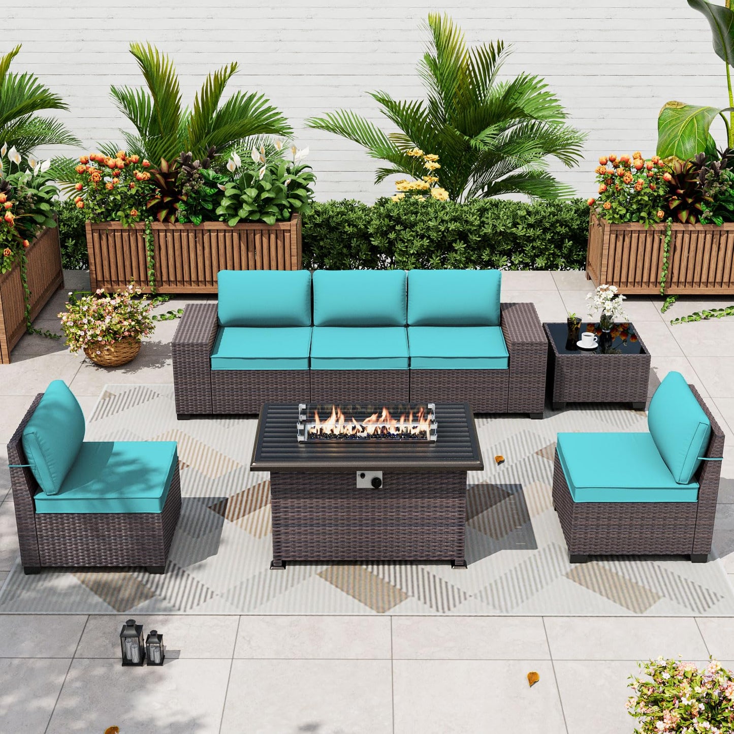ALAULM 7-Piece Patio Conversation Set with Propane Fire Pit Table, Sand