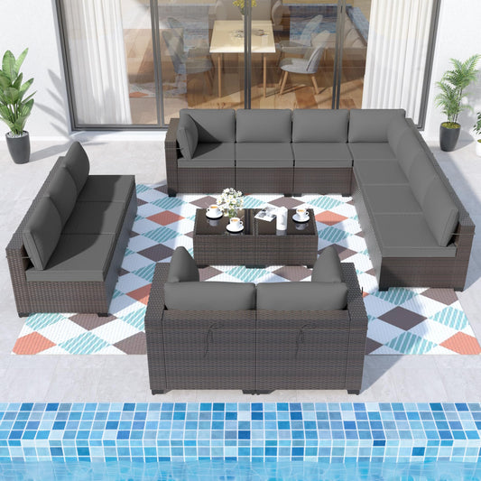 ALAULM 14-Piece Outdoor Patio Sectional Sofa Set with Coffee Tables & Cushions – Brown PE Rattan