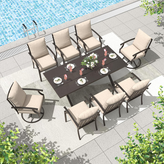 9-Piece Patio Dining Set | Swivel Chairs & Metal Table with Umbrella Hole