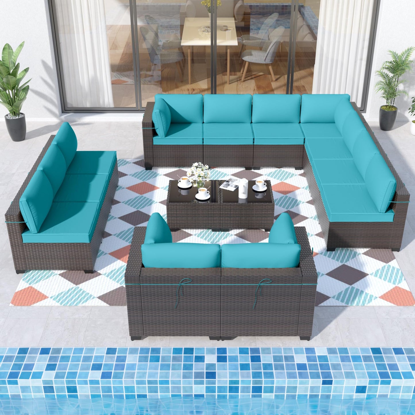 ALAULM 14-Piece Outdoor Patio Sectional Sofa Set with Coffee Tables & Cushions – Brown PE Rattan