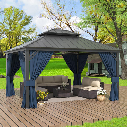 12x14 Hardtop Gazebo | Double Roof, Mesh & Privacy Curtains