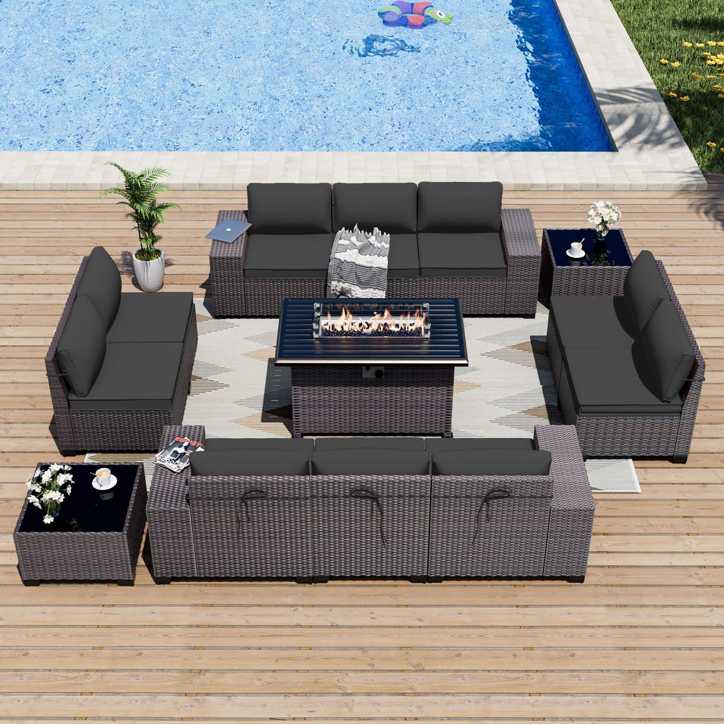 ALAULM 13-Piece Patio Furniture Set – Outdoor Sectional Sofas with Propane Fire Pit Table