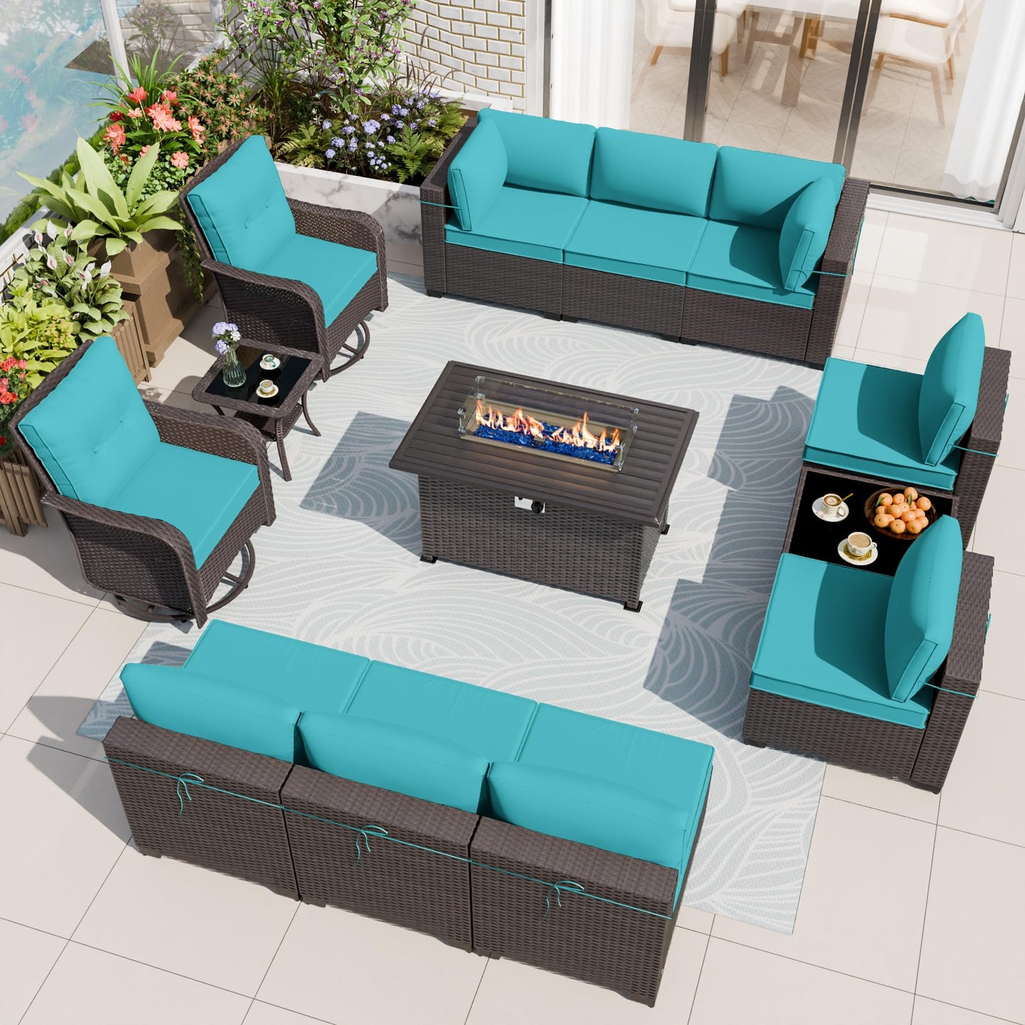 ALAULM 13-Piece Outdoor Patio Furniture Set with Swivel Chairs & CSA-Certified Fire Pit