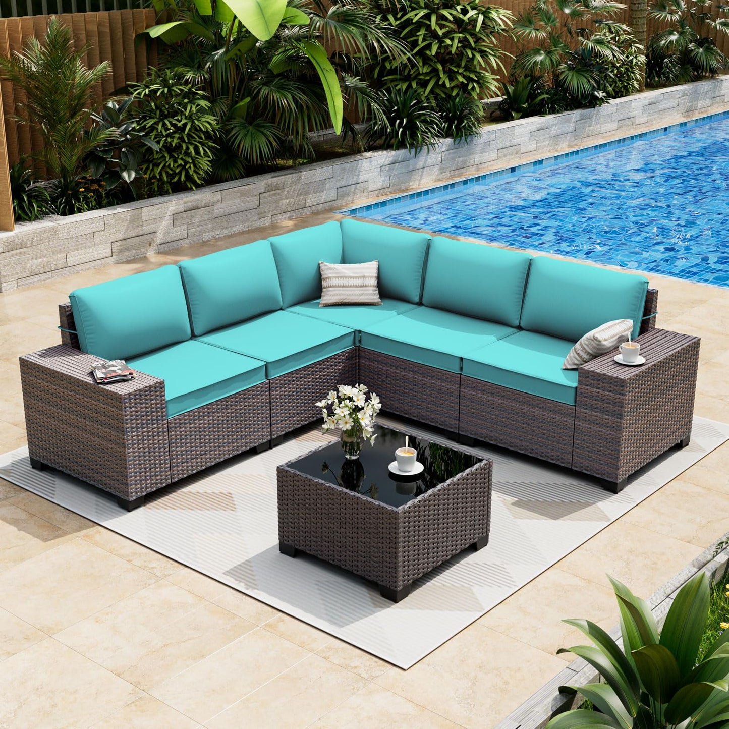 ALAULM 6-Piece Outdoor Patio Conversation Set, Sectional PE Rattan Wicker Furniture