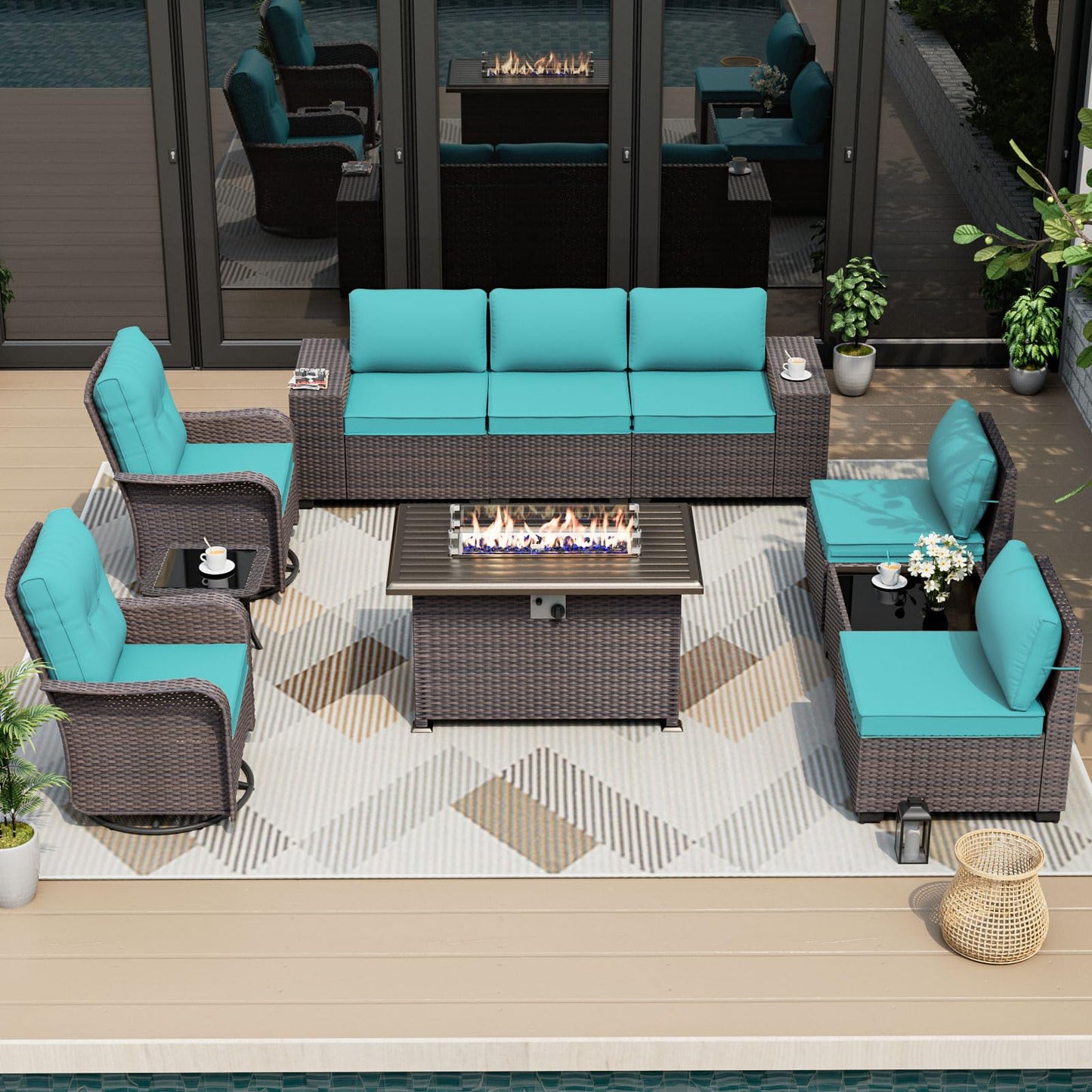 ALAULM 10-Piece Outdoor Patio Furniture Set – Sectional Sofas with Swivel Chairs & Gas Fire Pit