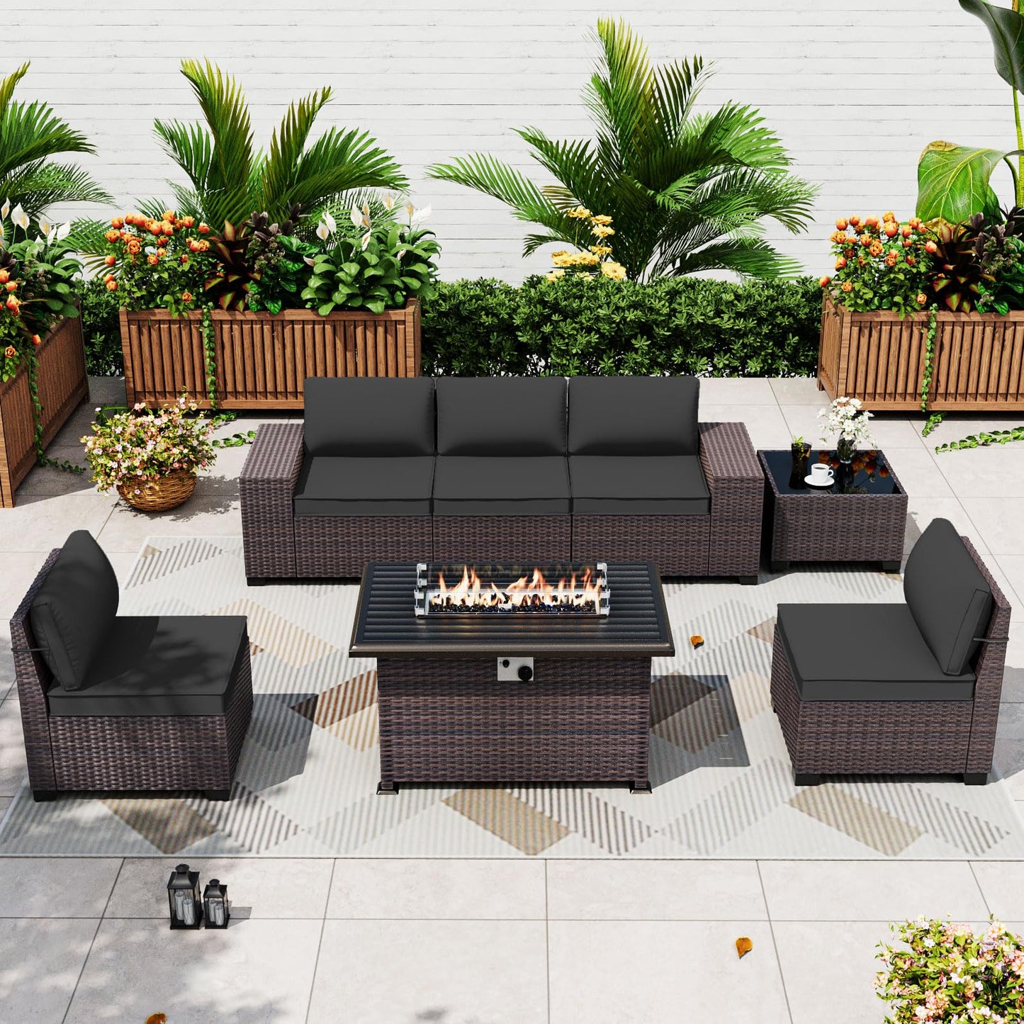 ALAULM 7-Piece Patio Conversation Set with Propane Fire Pit Table, Sand