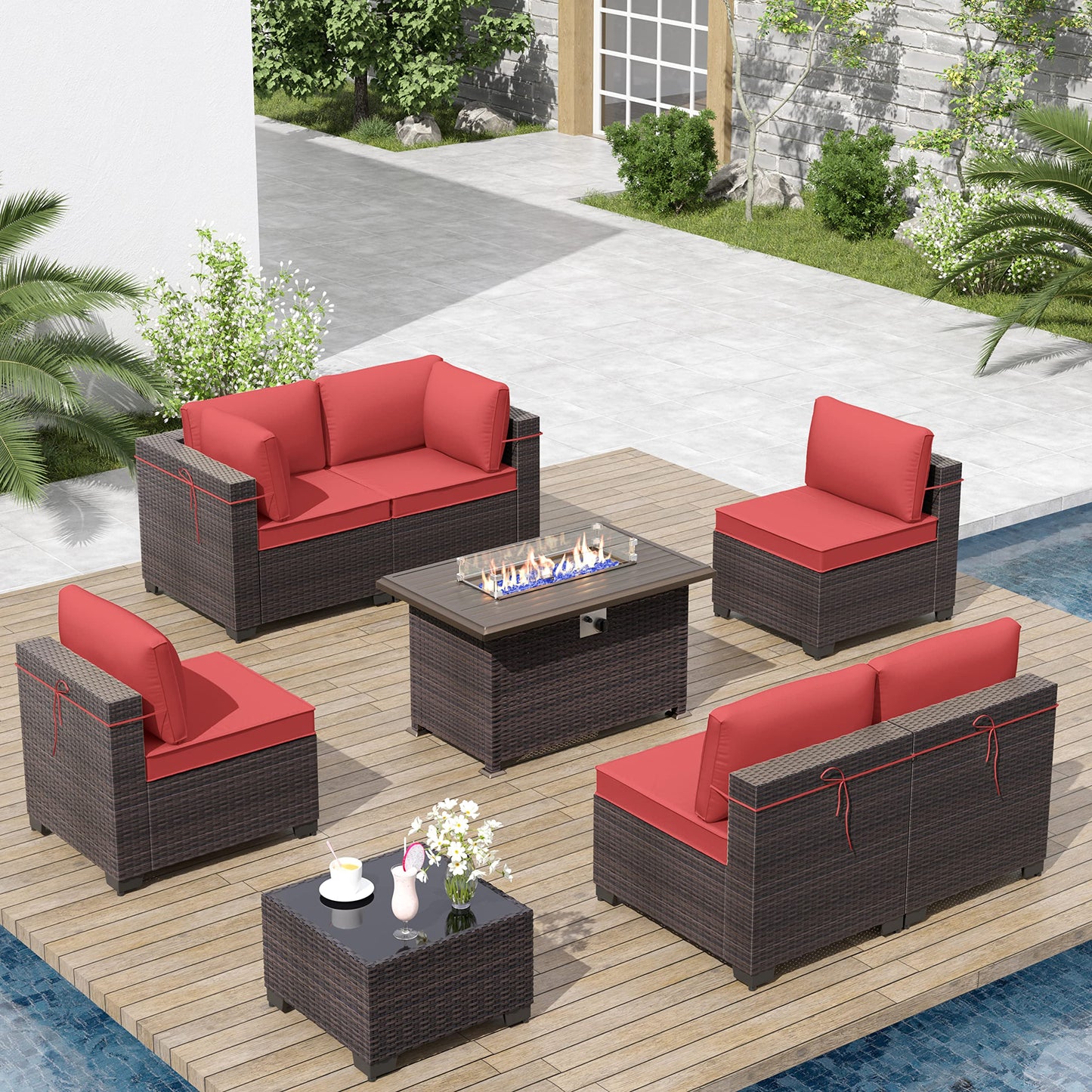 ALAULM 8-Piece Outdoor Patio Furniture Set with 55,000 BTU Propane Fire Pit Table – All-Weather Wicker Sectional with Cushions