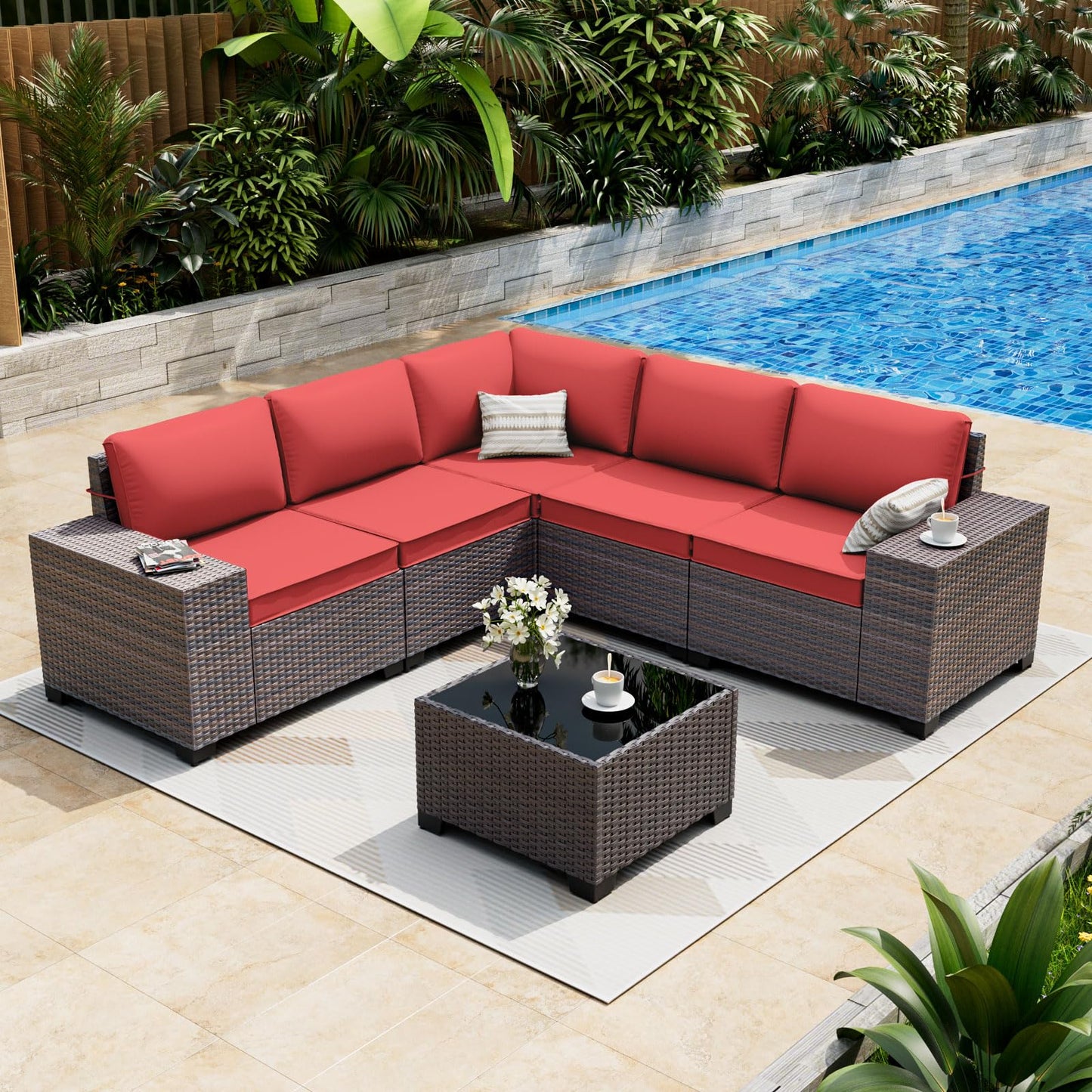ALAULM 6-Piece Outdoor Patio Conversation Set, Sectional PE Rattan Wicker Furniture