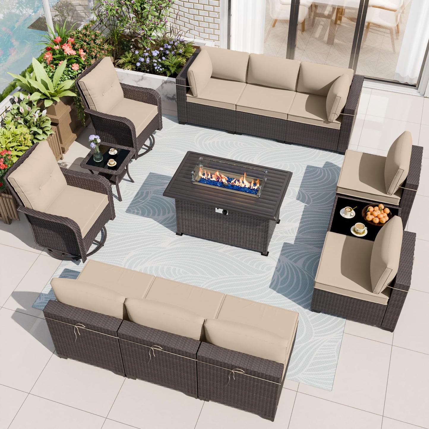 ALAULM 13-Piece Outdoor Patio Furniture Set with Swivel Chairs & CSA-Certified Fire Pit