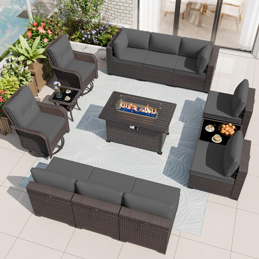 ALAULM 13-Piece Outdoor Patio Furniture Set with Swivel Chairs & CSA-Certified Fire Pit