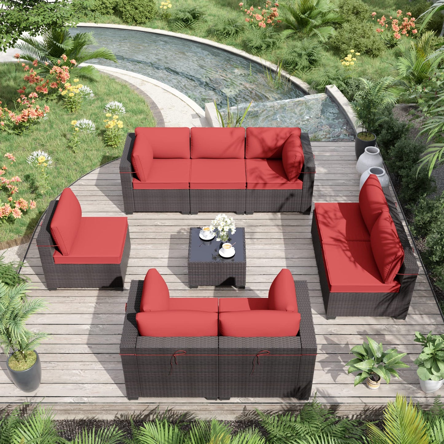 ALAULM 9-Piece Outdoor Patio Furniture Set – All-Weather Wicker Sectional Sofa with Cushions & Coffee Table