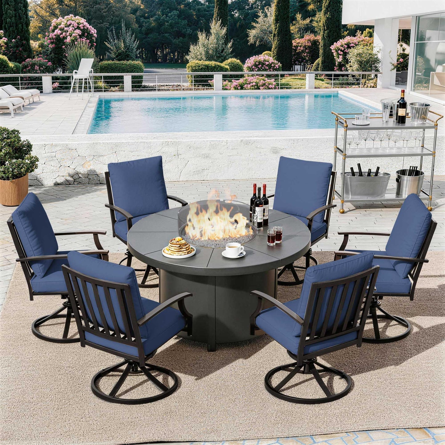 ALAULM 7PCS Metal Outdoor Patio Furniture Set with 48"/55000 BTU Round Fire Pit Table,Outdoor Dining Table Set 6 Swivel Chairs No-Slip Cushions