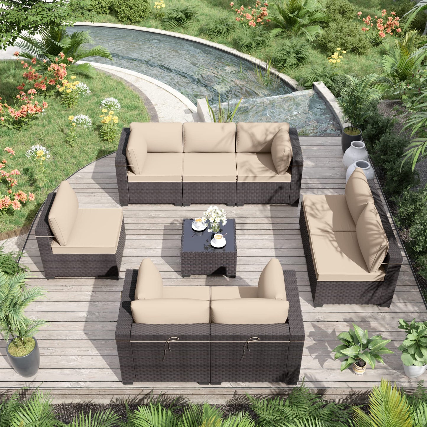 ALAULM 9-Piece Outdoor Patio Furniture Set – All-Weather Wicker Sectional Sofa with Cushions & Coffee Table