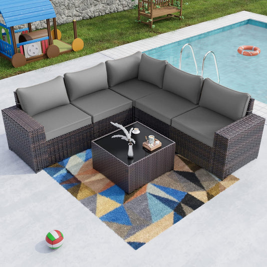Gotland 6 Pieces Outdoor Patio Furniture Set Rattan Wicker Conversation Set,Wide Armrest