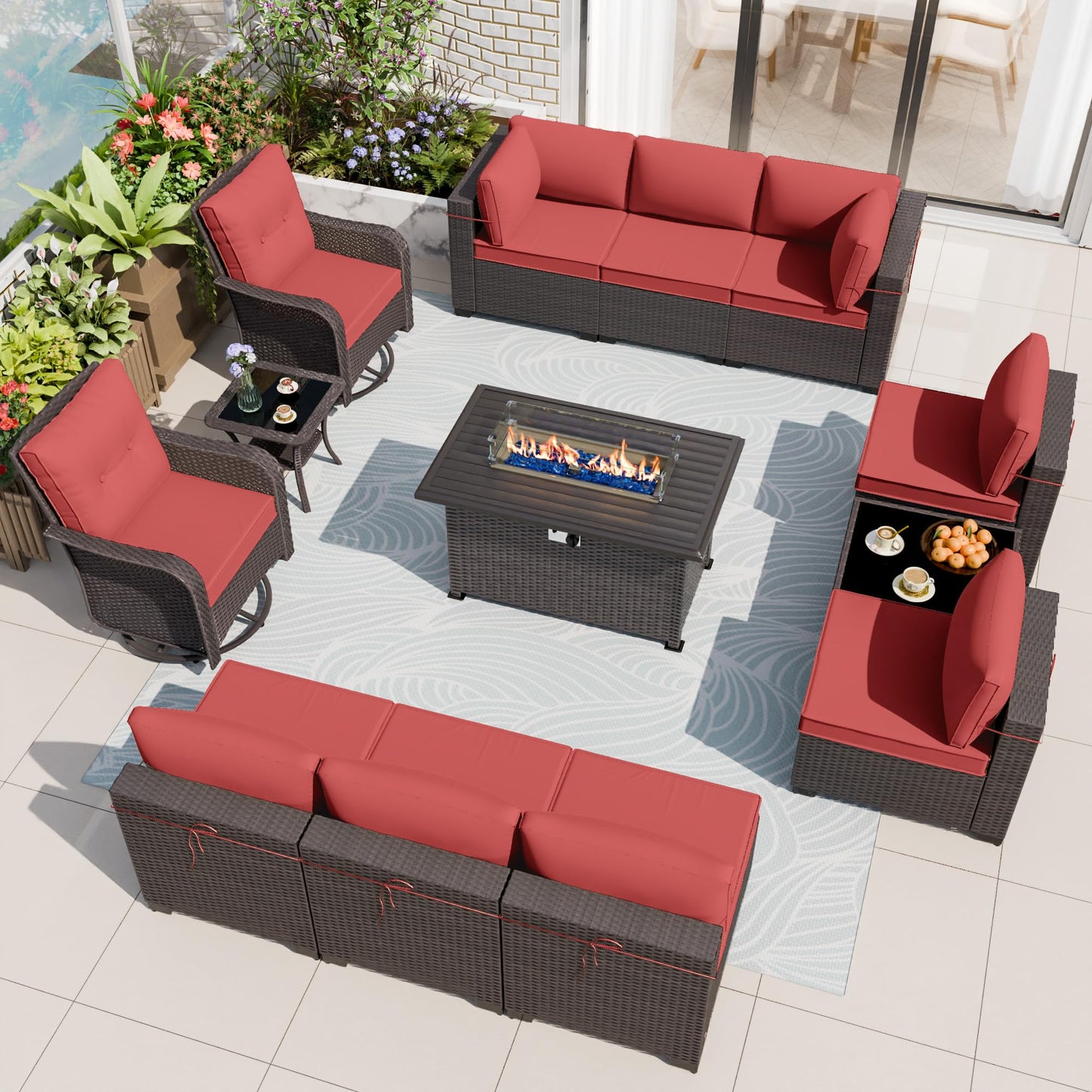 ALAULM 13-Piece Outdoor Patio Furniture Set with Swivel Chairs & CSA-Certified Fire Pit