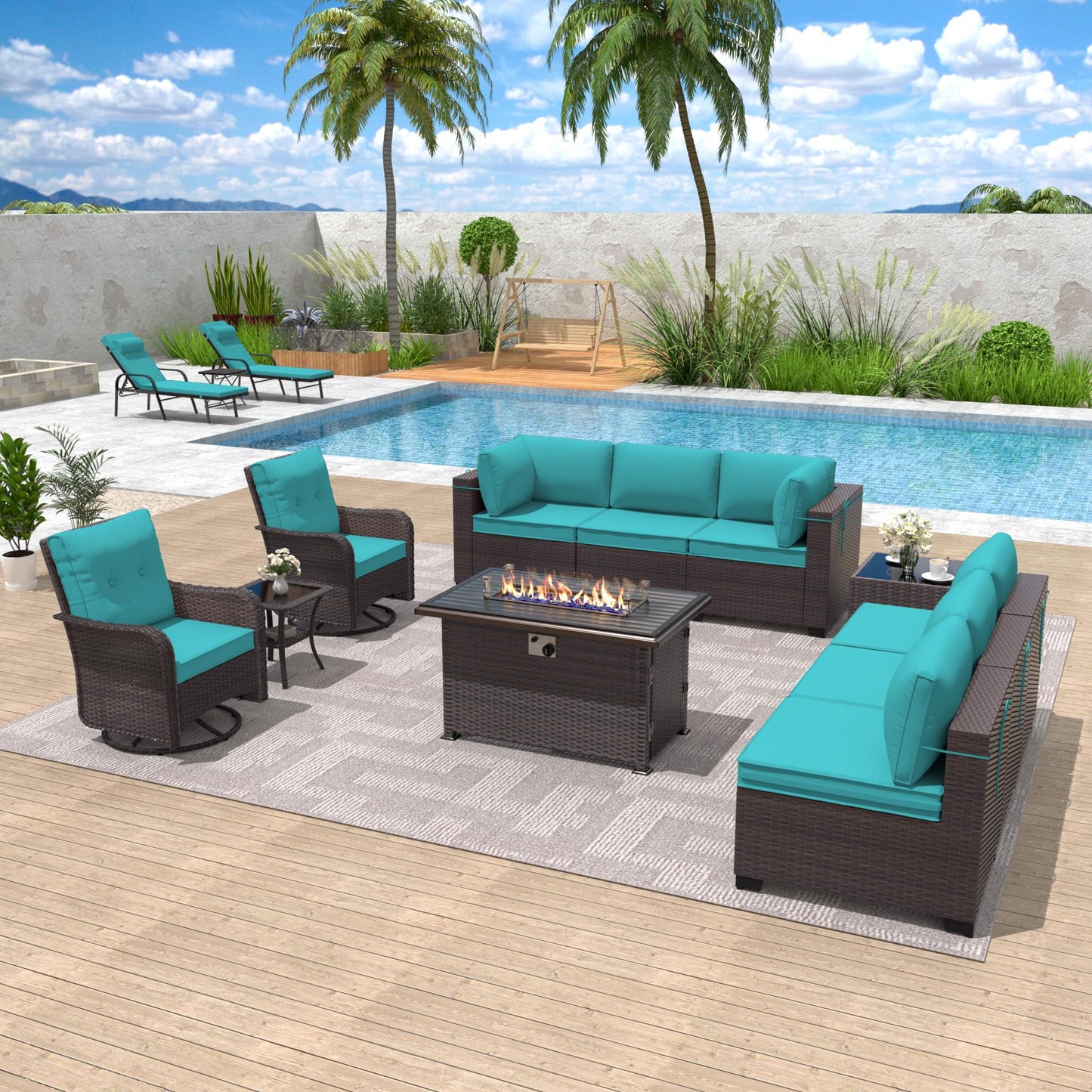 ALAULM 11-Piece Outdoor Patio Furniture Set – Sectional Sofas with Swivel Chairs & Gas Fire Pit