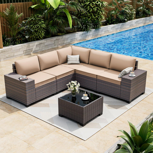 ALAULM 6-Piece Outdoor Patio Conversation Set, Sectional PE Rattan Wicker Furniture