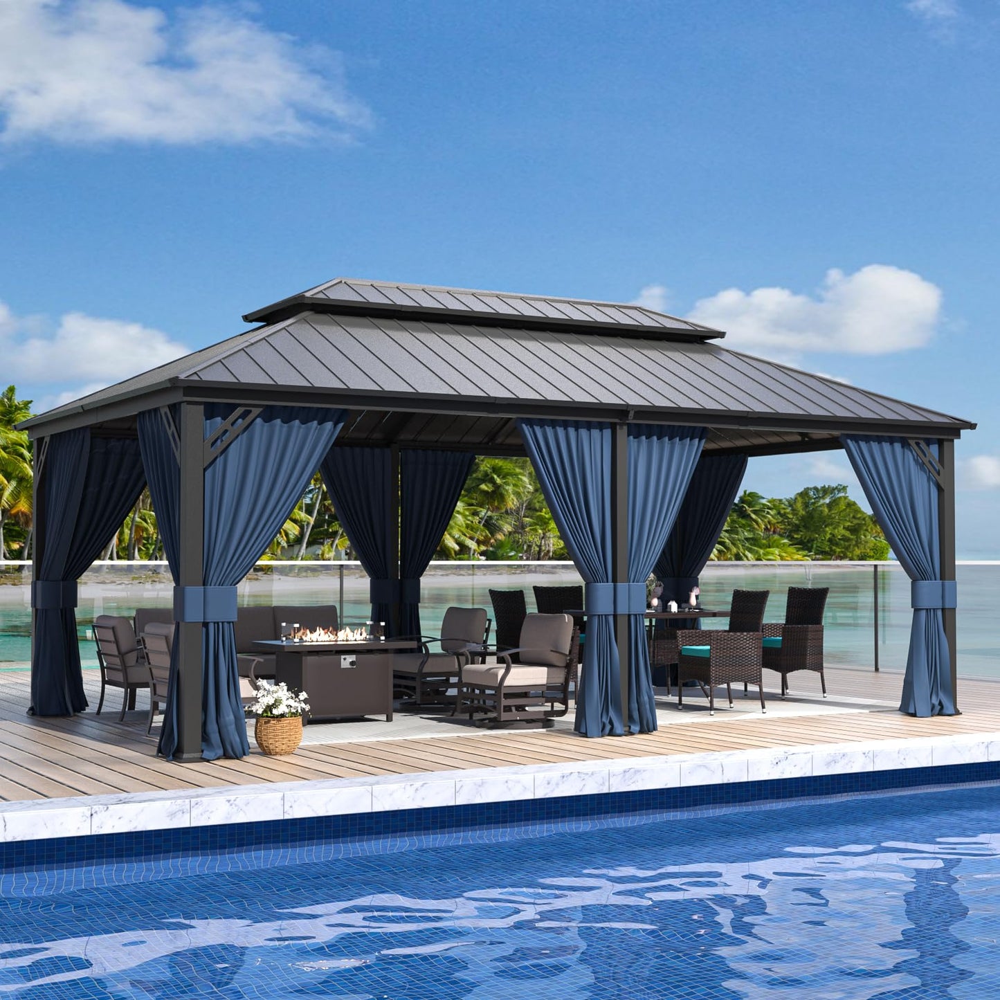 12x20 Hardtop Gazebo | Double Roof, Privacy Curtains, Mesh