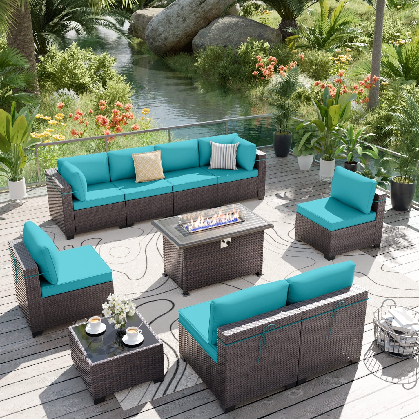 ALAULM 10-Piece Outdoor Patio Furniture Set – Sectional Sofa with CSA-Certified Fire Pit Table