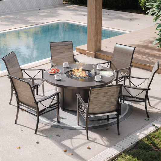 ALAULM 5 Piece Outdoor Conversation Sets, 4 Textilene Fabric Swivel Chairs with Metal Frame and w/48in Propane Round Fire Pit Table for Deck Garden Backyard Porch,Brown