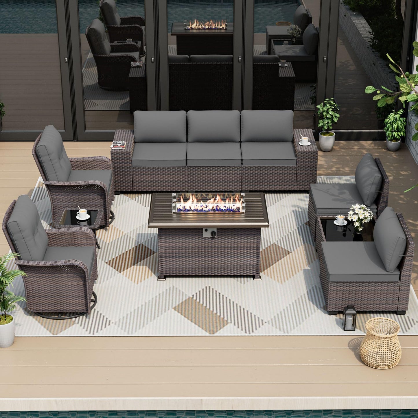 ALAULM 10-Piece Outdoor Patio Furniture Set – Sectional Sofas with Swivel Chairs & Gas Fire Pit